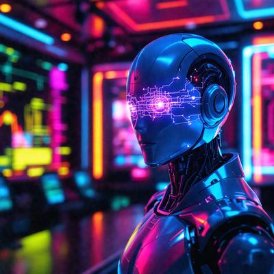 The primary subject of the image is a robot with a blue and pink color scheme. The robot is positioned in front of a colorful background, which includes a neon-lit room. The visual style of the image is a combination of photo and digital art, creating a futuristic and vibrant atmosphere. The dominant colors in the image are blue and pink, which are used to create a unique and eye-catching appearance for the robot.
